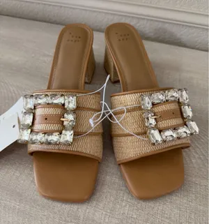 A New Day Kathleen Beige Raffia Crystal Buckle Block Heel Slide Sandals Size 10 thumbnail 1