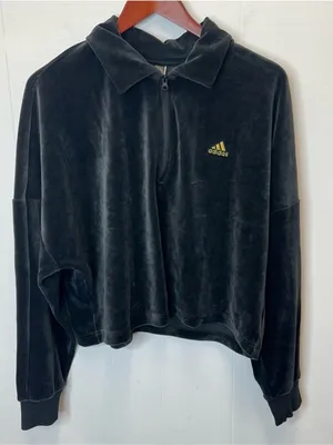 Adidas Women's Large Black Velour Half-Zip Hoodie with Gold Logo thumbnail 1