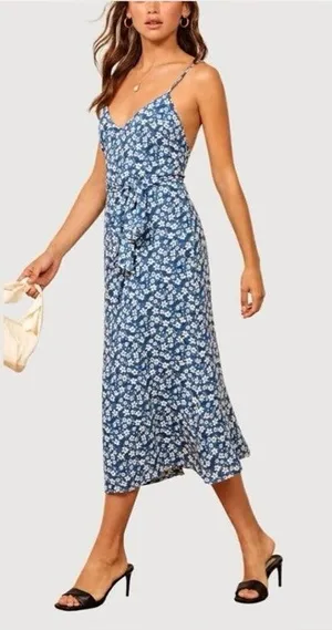 Reformation Dietrich Blue Floral Crepe Midi Dress Sz 4 thumbnail 1