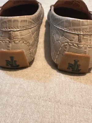 Ralph Lauren Taupe Croc-Embossed Leather Loafers with Gold RL Medallion thumbnail 7