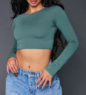 Sage Green Long Sleeve Crop Top thumbnail 1