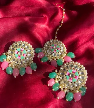 Pink and Turquoise Earrings with Tikka thumbnail 1