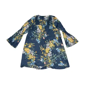 Zara Basic Z1975 Denim Floral Flare Bell Sleeve Empire Waist Dress Botanical thumbnail 2