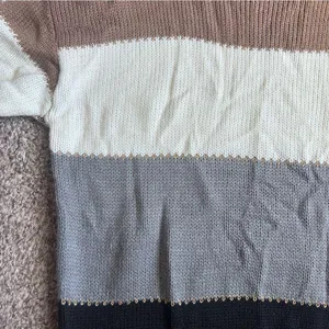🦋 Striped Tan White Gray Black Sweater Gold Metallic Stitching Fall Casual thumbnail 6