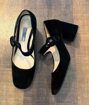 Prada Black Velvet Mary Jane Block Heel Pumps Size 37.5/ 7.5 thumbnail 1