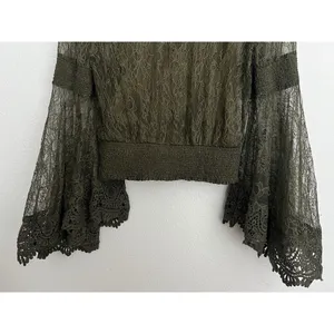 Alice + Olivia Moss Green Bell-Sleeve Crochet Collared Top Boho Fairy Grunge Witchy Ethereal thumbnail 9