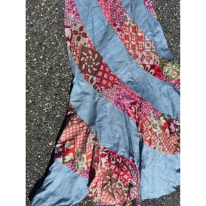 70s Vintage Spiral Patchwork Maxi Skirt Blue Denim Boho Floral Red Pink 23 Waist thumbnail 6