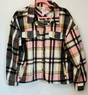 Molly B boutique Plaid Shacket - Pink and Brown jacket shirt size XL thumbnail 1