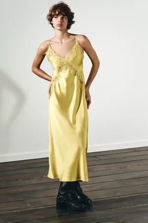 Zara Lace-Trim Slip Satin Maxi Dress in Mustard Chartreuse Yellow thumbnail 13