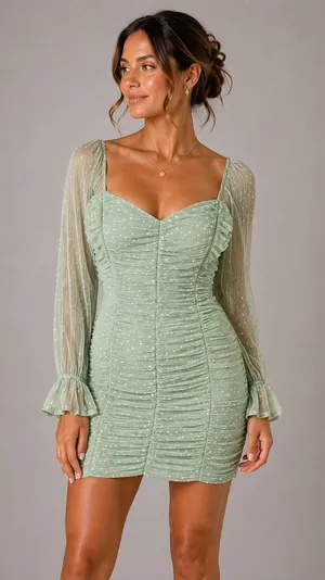 Haute Monde Mint Green Ruched Mesh Sleeve Mini Dress L Y2K Romantic thumbnail 1