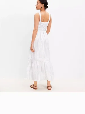 NWT LOFT Shimmer Striped Linen Blend Square Neck Midi Dress thumbnail 4