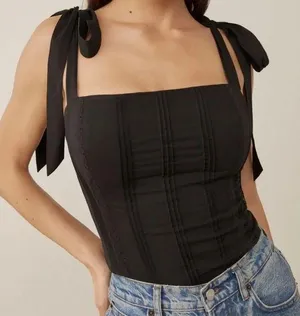 Reformation adelia top Shirred Organic black boho Cotton cami tank blouse size 0 thumbnail 1