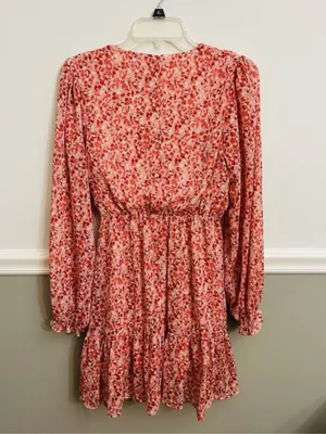 Chelsea 28 Pink White Floral Faux Wrap Long Sleeve Feminine Chiffon Dress Medium thumbnail 3