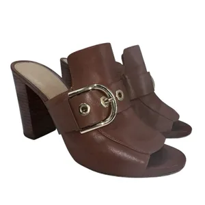 Michael Kors Brown Leather Slip On Open‎ Toe Heels Mules Slides Size 9M Gold thumbnail 2