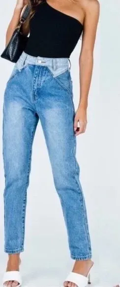 Princess Polly Two-Tone High Waisted Mom Jeans Straight Leg Women’s 6 Blue Wash thumbnail 1