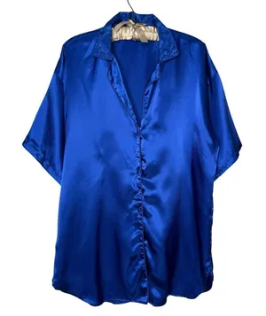 Vintage 80s Gold Label Victorias Secret Night Shirt‎ Dress M/L Blue Satin Korea thumbnail 1