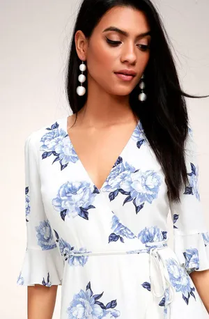 Lulus Pretty Peony Blue and White Floral Print Wrap Dress thumbnail 4