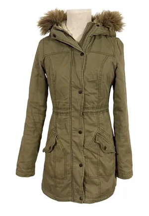 Hollister Women's Olive Green Faux Fur‎ Hood Cotton Parka Jacket Size S Y2K thumbnail 1