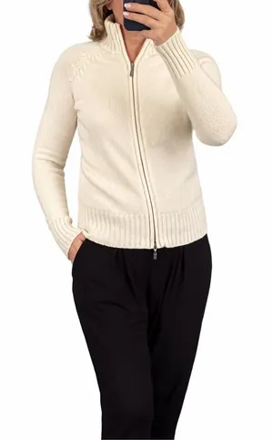 Lord & Taylor Washable 2-Ply Cashmere Full Zip Sweater Petite M Cream thumbnail 1
