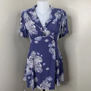 FREE PEOPLE Womens Sz S Floral Blue Hawaii Mini Fit & Flare Dress Pockets *Flaw thumbnail 2