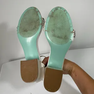 Betsey Johnson SB-Mel Block Heel Shoes Jeweled Satin Sandal Ivory Formal Size 9 thumbnail 6