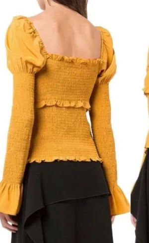 Cinq à Sept Ellis 100% silk puff-shoulder smocked top in marigold yellow XXS thumbnail 1