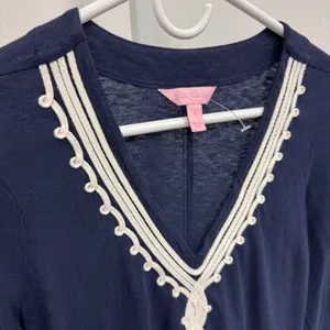 Lilly‎ Pulitzer Tidewater Embroidered Tunic Dress Sm Navy 3/4 Sleeve Mini Jersey thumbnail 5
