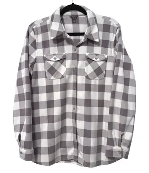Eddie Bauer Fleece‎ Shirt Gray Buffalo Plaid Button Front Outdoorsy Womens L thumbnail 1