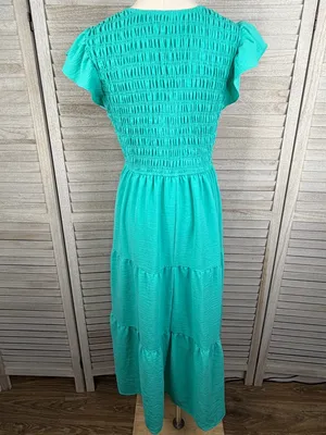 BY THE RIVER (Anthropologie) Boho Smocked Tiered Hem Maxi Dress Emerald Green-L thumbnail 3