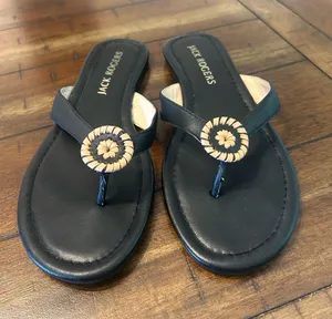 Jack Rogers Black Leather Thong Sandals with Woven Medallion Size 9.5 thumbnail 1