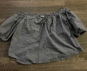 Caution to the Wind navy gingham puff sleeve tie front off shoulder top. Size Small thumbnail 3