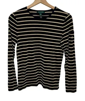LAUREN RALPH LAUREN Black Gold Stripe Top Monogramed Arm Pocket Medium thumbnail 1