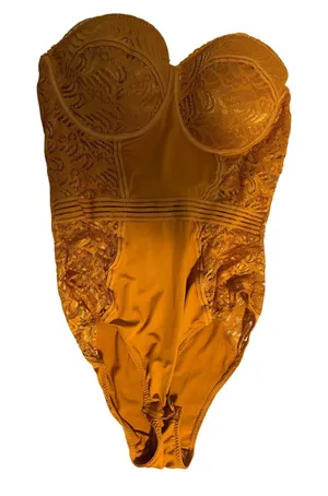 Mustard Yellow Lace Bustier Bodysuit Padded Underwire Snap Crotch 1X 4531XBS-703 thumbnail 1