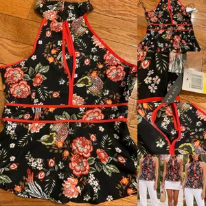 LILY black floral and bird design peplum /halter neck black sleeveless top M thumbnail 13