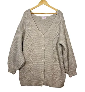 Pink Lily Knit Cardigan Sweater Womens Large‎ Tan V-Neck Drop Shoulder Preppy thumbnail 1