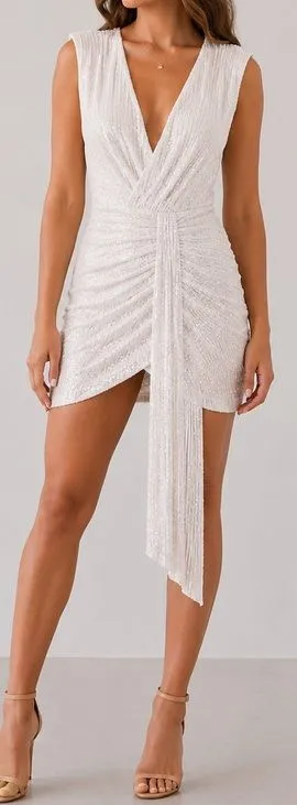 Peace + Love White Sequin Wrap Bridal Bachelorette Cocktail V-Neck Mini Dress thumbnail 1