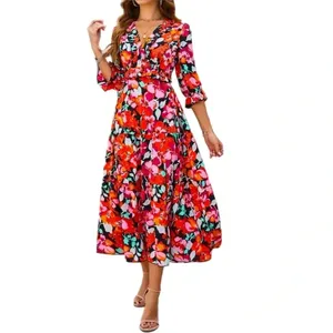 Floral Ruffle Trim A Line Dress Midi Length Boutique Dress Side Slit in Multi thumbnail 6