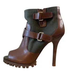 Tory Burch Oren Peep Toe‎ Booties Olive Brown Leather 8 thumbnail 1