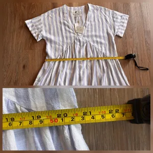 Cupio Babydoll Dress Linen Blend Blue White Stripe Medium Coastal Cottagecore thumbnail 12