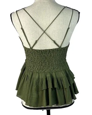 Free People Intimately Medium Adella Cami Top Olive Sparrow Ruffled Crochet Lace thumbnail 6