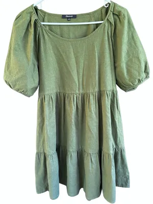 EUC Madewell Puff Sleeve Tiered Dress Green Size Mediun thumbnail 1