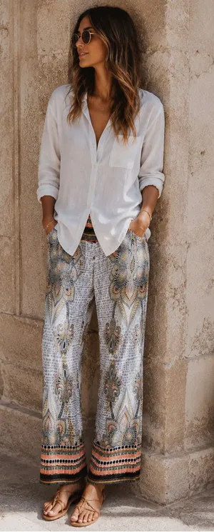 Lulumari Boho Linen Wide Leg Pants PA51260 Blue Multi S thumbnail 1