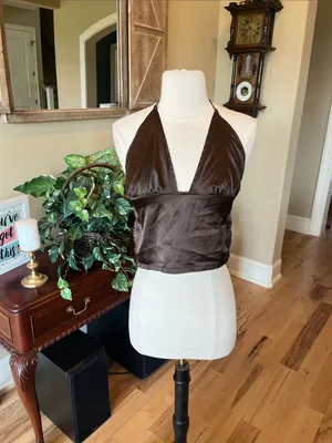 Satiny Halter Crop Top in Chocolate Brown thumbnail 3