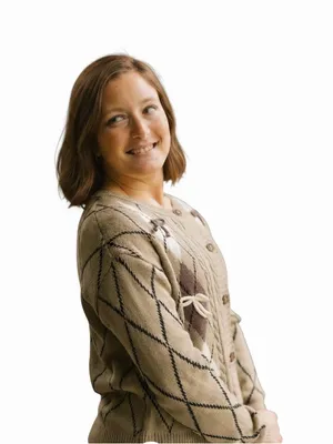 Listicle Boutique Taupe Argyle button front sweater with dimensional bows Size L thumbnail 8