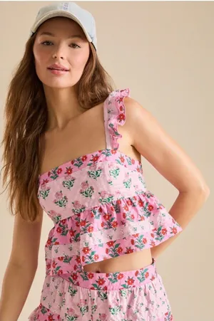 Altar'd State Floral Babydoll Tank Top Pink Red Tiered Ruffles Vacation Sz Large thumbnail 1