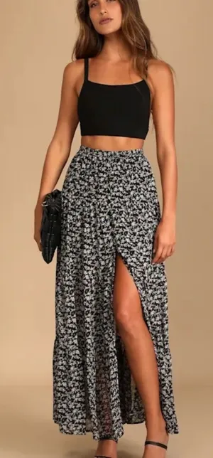 Lulu's Black & White Floral Side-Slit Maxi Skirt thumbnail 1
