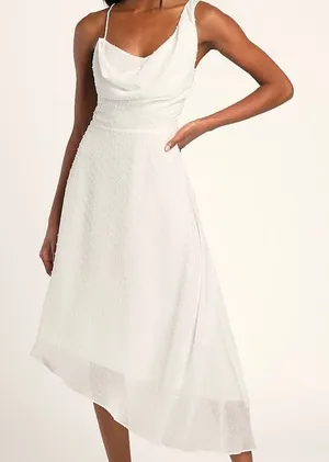 Lulus A Chance on Romance White Swiss Dot Asymmetrical Midi Dress Junior Size Large thumbnail 1