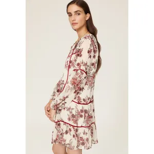 GREAT JONES Boho Floral Print Tiered Mini Dress Tassels Velvet Trim SIZE‎ L thumbnail 2