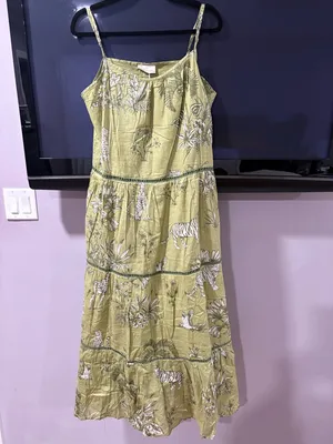 Olive Green Serengue Printed Tiered Maxi Dress with Spaghetti Straps thumbnail 2
