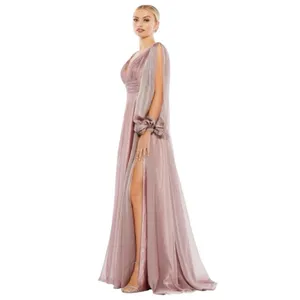 Mac‎ Duggal Chiffon Open Sleeve A-Line Gown Mocha Pink Beaded Cuff Size 14 NWT thumbnail 3